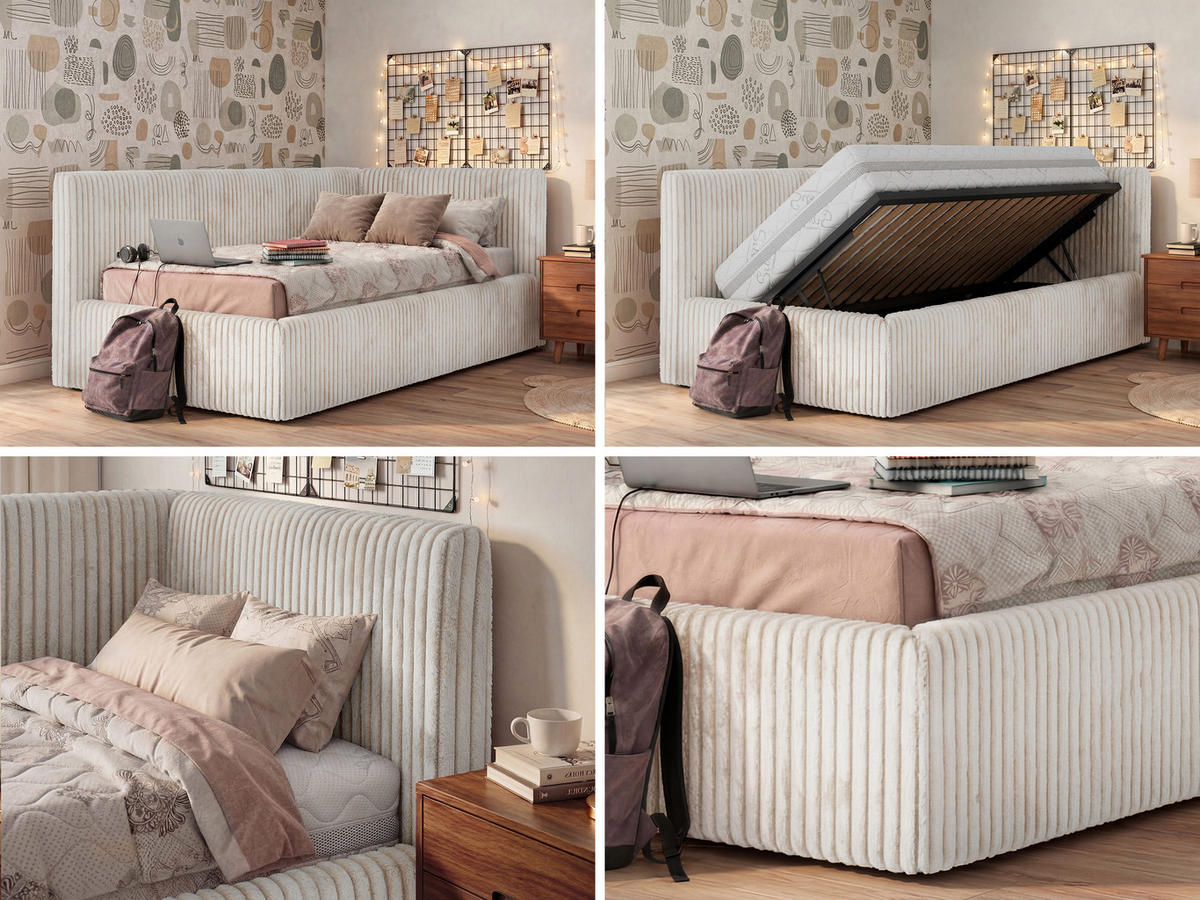 POLSTERBETT TILVO 90/200 - Beige Cord - Taschenfederkernmatratze - Rechts - Beige, Textil (200/90cm) - MKS