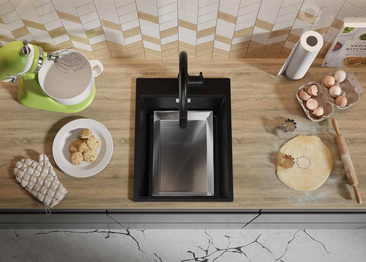 SPÜLBECKEN Oslo, 2-er set Schwarz Metallic 38/50 cm 1 Becken + Ablauf-Set + Schneidebrett ab 40er Unterschrank - Chromfarben/Schwarz Hochglanz, Kunststoff (38/20/50cm) - Primagran