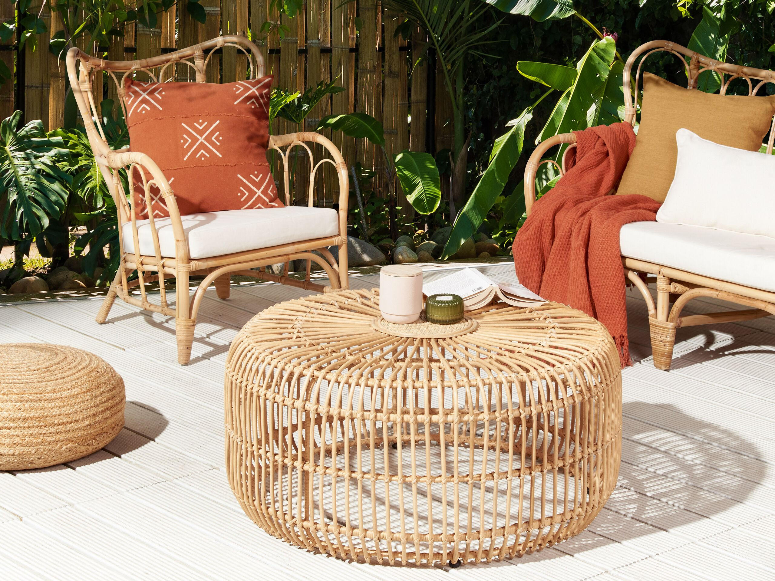 GARTEN-BEISTELLTISCH Rattan natürlich 85 cm Randazzo - Beige/Naturfarben, Naturmaterialien (85/85/40cm) - Beliani