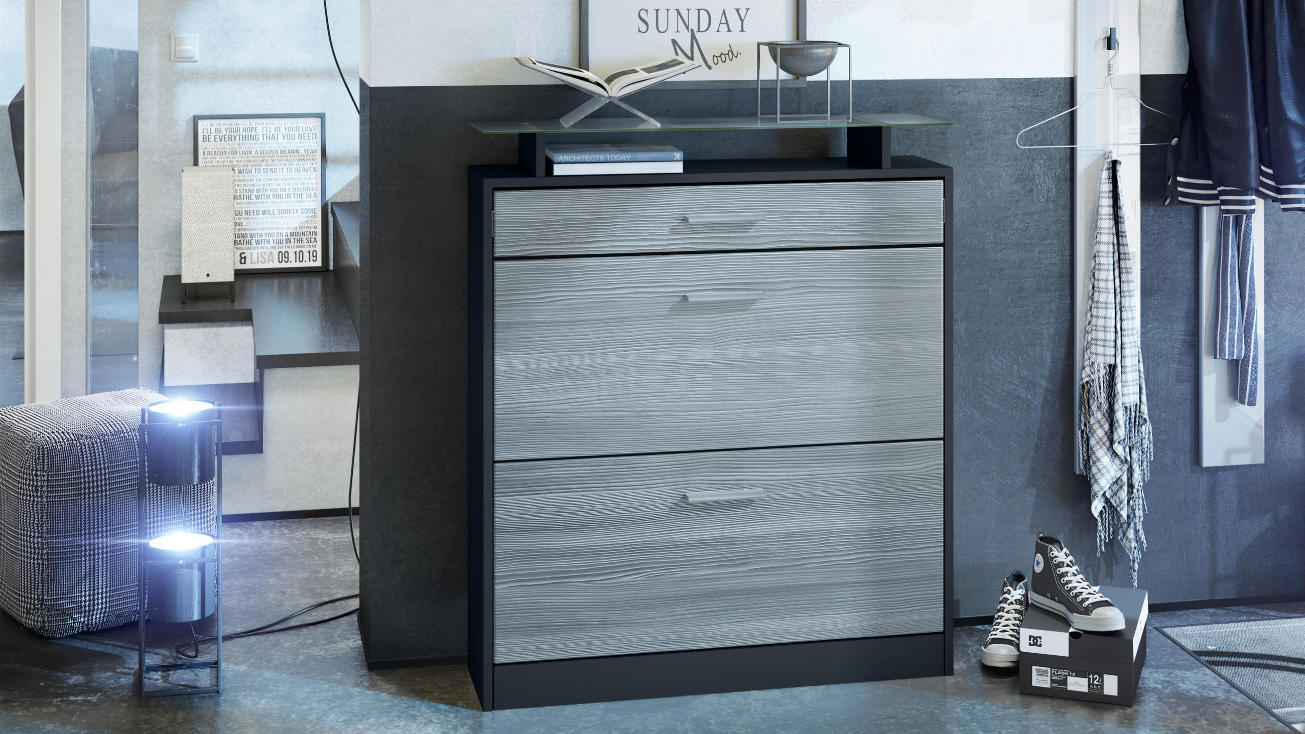 SCHUHSCHRANK Loret Front in Avola-Anthrazit - Anthrazit, Holzwerkstoff (89/104/23cm) - Vladon