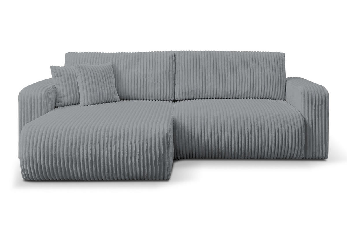 ECKSOFA Tilly, Eckcouch in L-Form mit Schlaffunktion und Bettkasten, Farbe: Grau, Cordstoff, Ottomane Universal - Grau, Textil (244/142cm) - VENASI MÖBEL