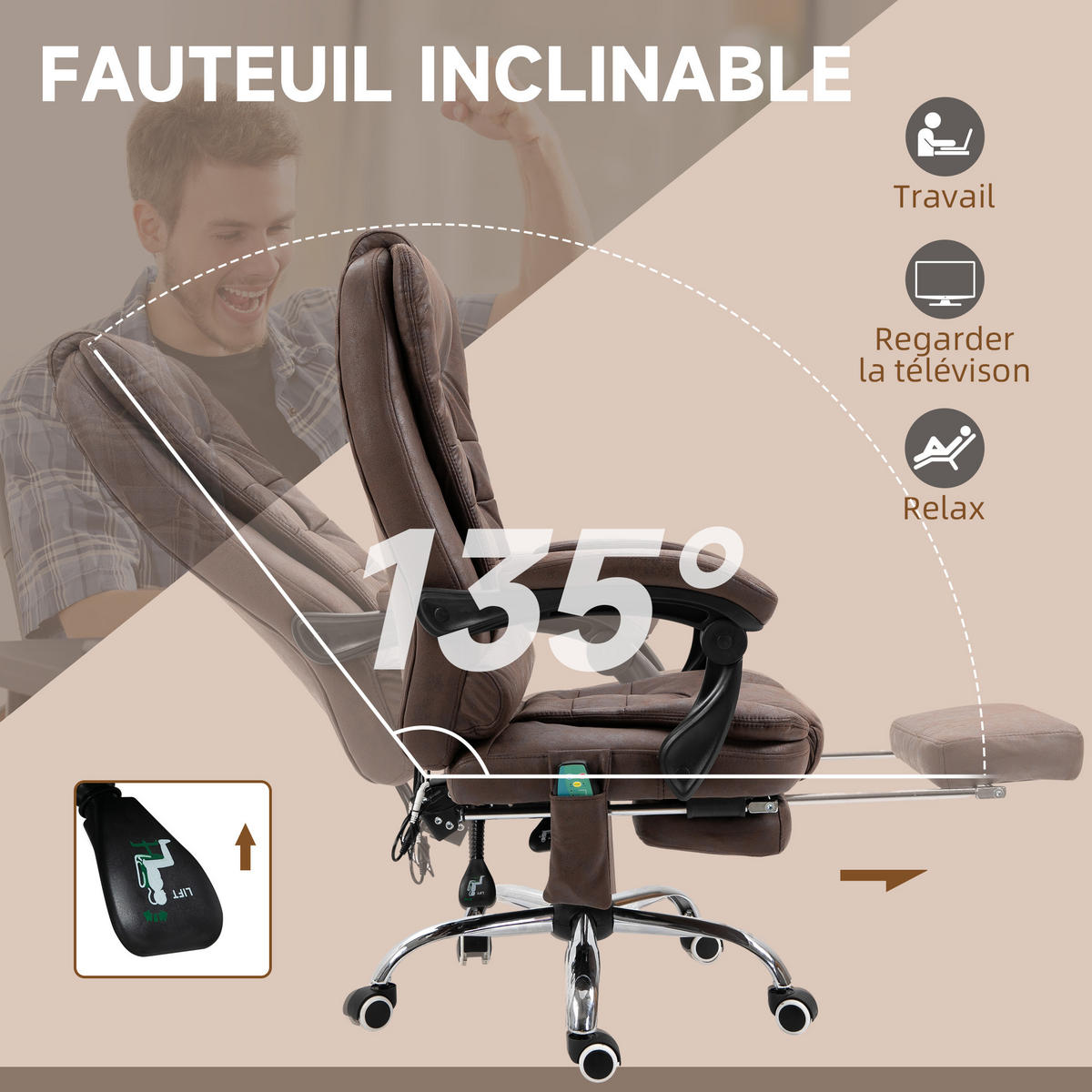 CHEFSESSEL DE-11686 Massage & Heizfunktion Braun - Braun, Metall (70/119/65cm) - ComfortXL