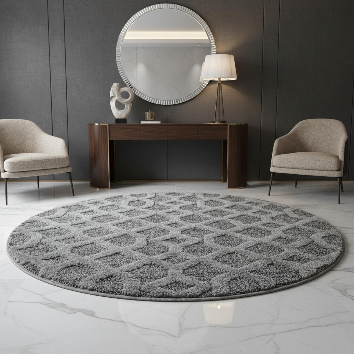 TEPPICH Esszimmer 3D Grafisch Elegant Waschbar Wohnzimmer Rund Grau 160x160 cm – EISACK - Grau, Textil (160/160cm) - KADIMA DESIGN