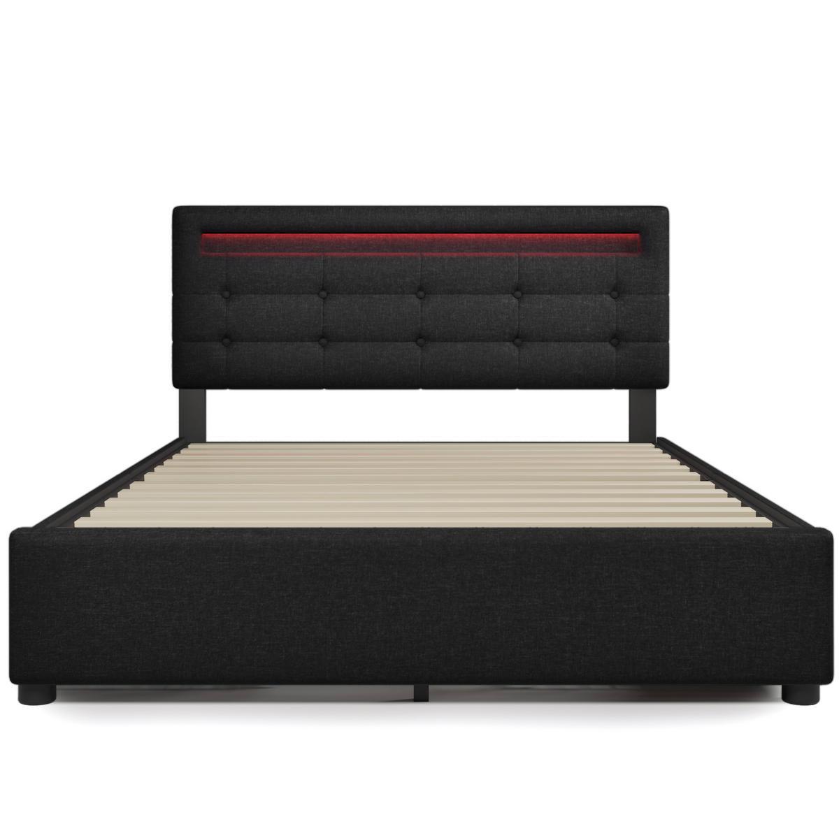 POLSTERBETT aus Leinen 140x200 cm in Schwarz mit LED-Beleuchtung & 4 Schubladen - Schwarz, Textil (140/200cm) - Modfu