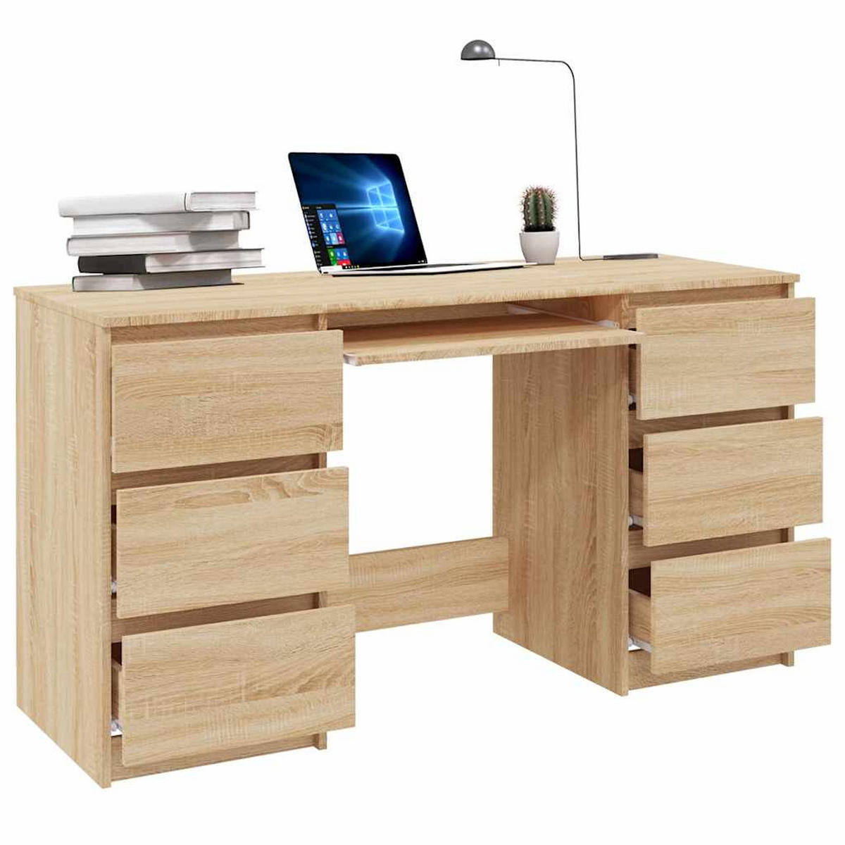 SCHREIBTISCH mit 6 Schubladen, 1 Tastaturauszug 140/50/77 cm aus Holzwerkstoff Sonoma-Eiche Dekor - Braun/Sonoma Eiche, Holz (50/140/77cm) - vidaXL