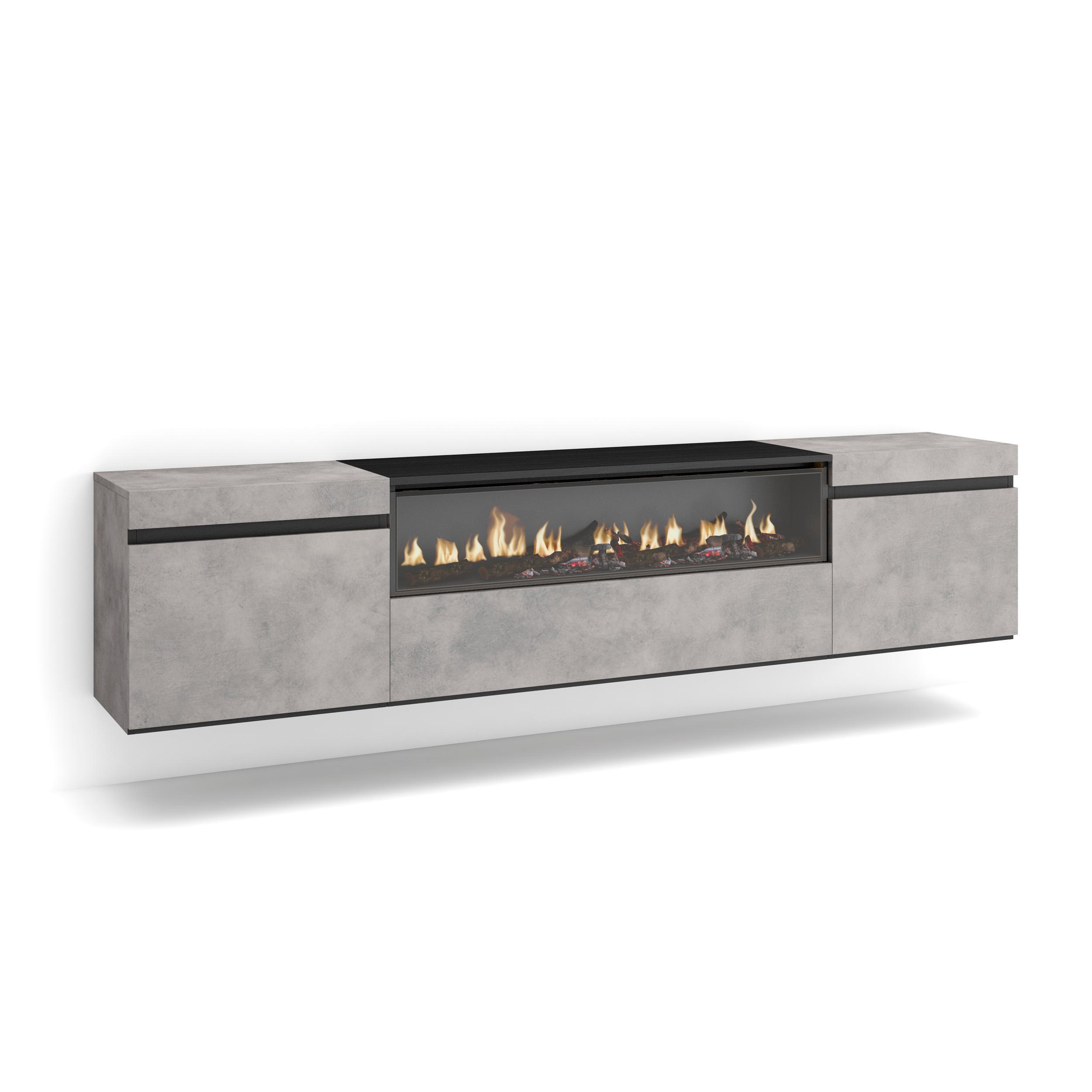 TV-SCHRANK zementgrau, mit Elektrokamin, Hängend, 200/35/45cm - Hellgrau/Grau, Holzwerkstoff (200/45/35cm) - Skraut Home