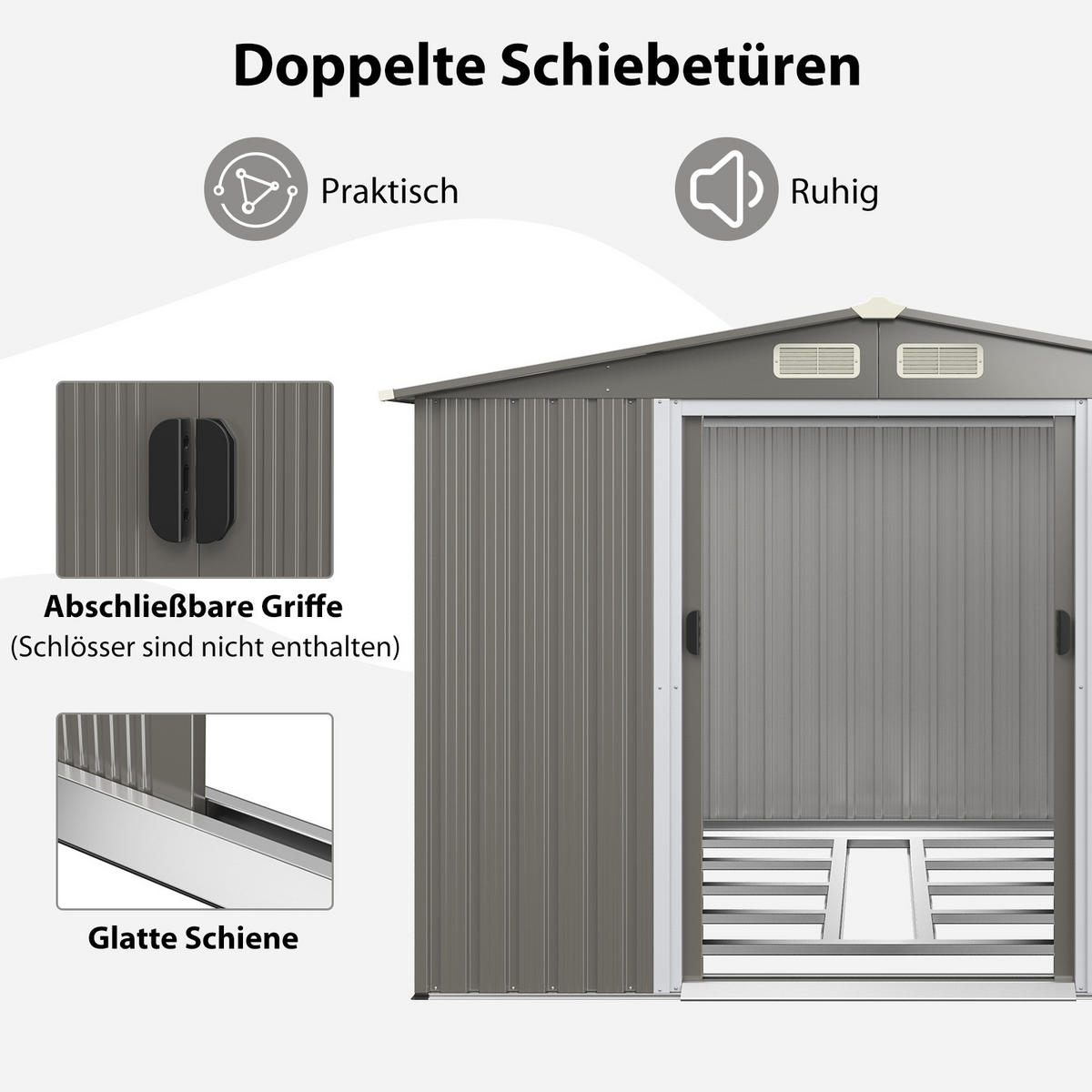 GERATEHAUS mit Fundament Hellgrau - Hellgrau, Metall (207/180/260cm) - COSTWAY