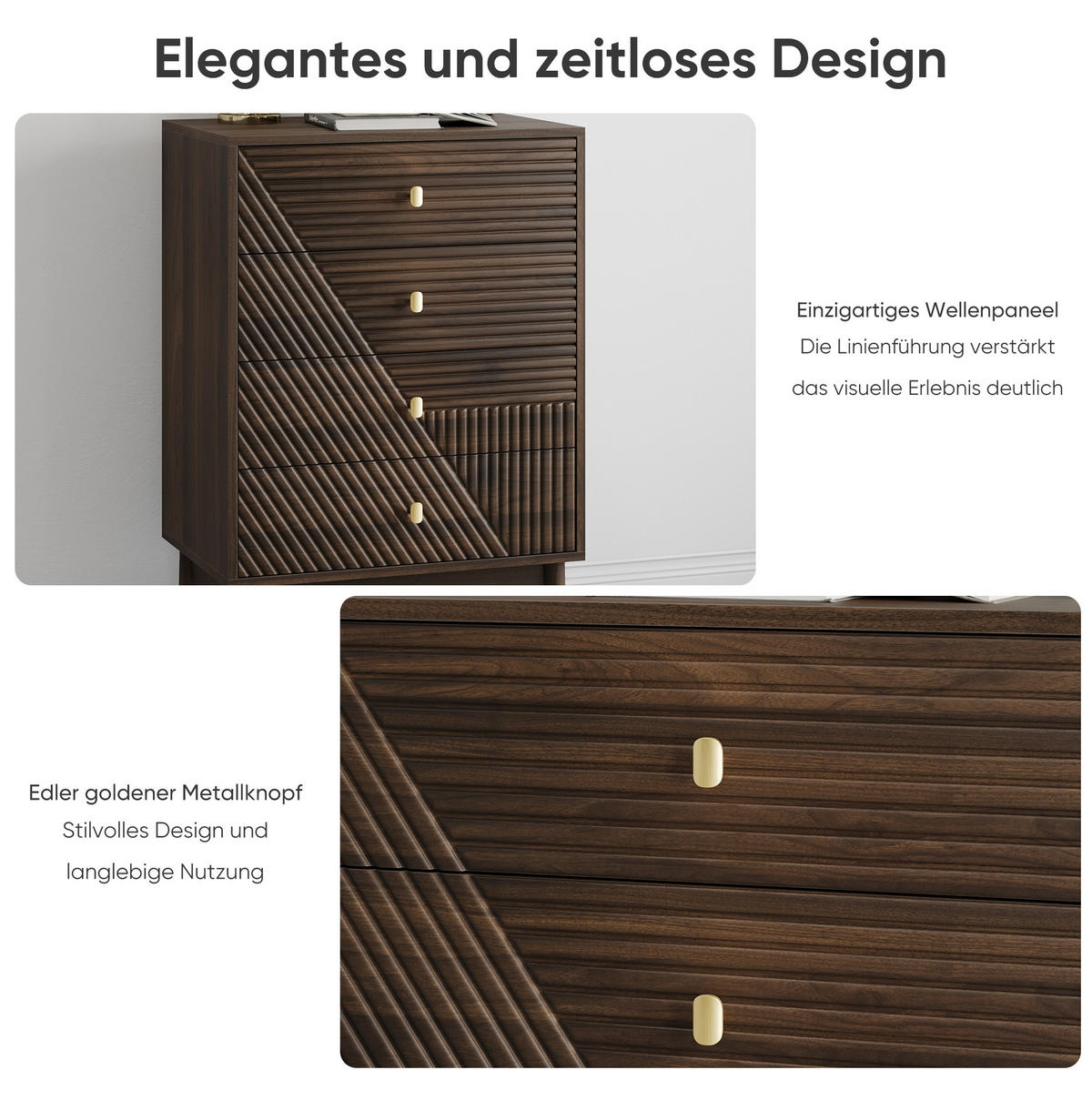 KOMMODE aus MDF und Spanplatte 60x40x90 cm Walnuss mit 4 Schubladen im Mid-Century-Stil - Walnussfarben, Holzwerkstoff (60/90/40cm) - Modfu