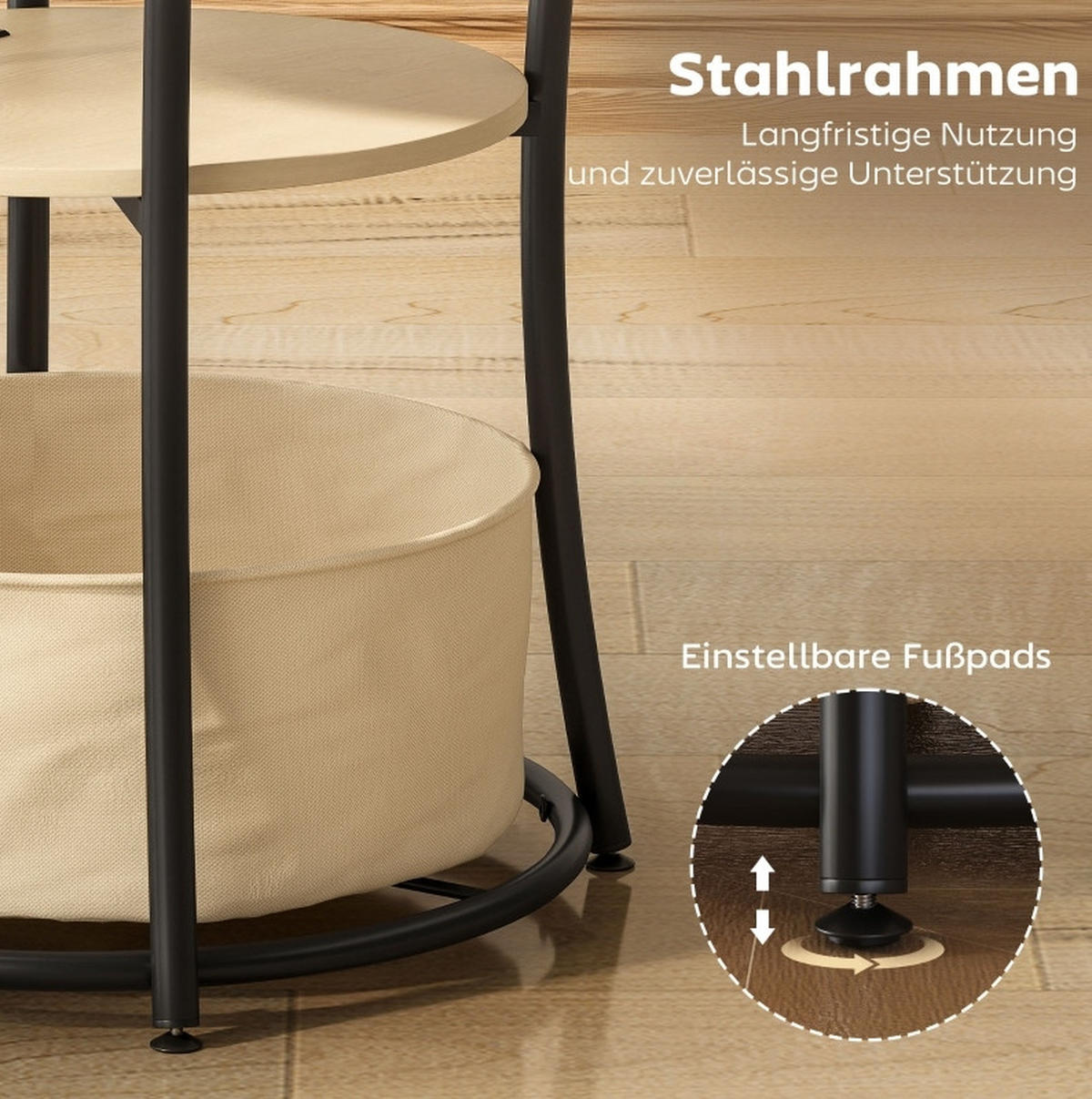 BEISTELLTISCH 50/50/55,1 cm mit Steckdosenleiste, 3 Ebenen und Stofftasche, Holz und Metall, Naturholz - Naturfarben, Holz (50/50/55.1cm) - Redom