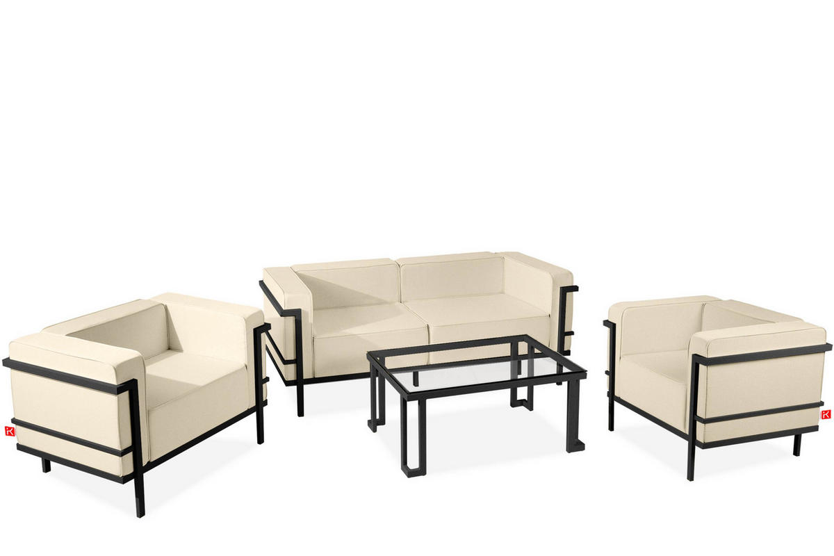 GARTENLOUNGE-SET TRIGLO 4-tlg., 1x Tisch, 2x Sessel, 1x Sofa 2-Sitzer, Modern, Dunkelgrau/Cremeweiß - Dunkelgrau/Creme, Textil/Metall - KONSIMO®
