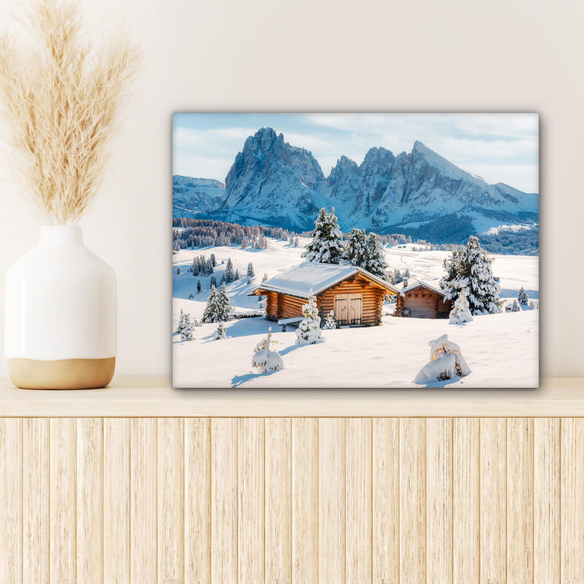 LEINWANDBILD Winter - Hütte - Berge - Aussicht - Schnee 40x30 cm - Eichefarben, Textil (40/30cm) - MuchoWow