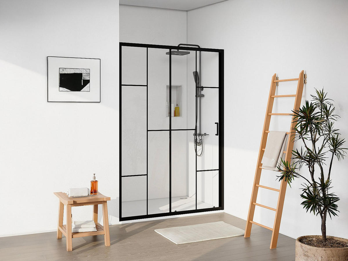 DUSCHTÜR Schiebetür - Metall matt Schwarz - Verrière-Style - Glas antikalk - 120 x 195 cm - SONIKRA - Schwarz, Metall (120/195cm) - Vente-Unique