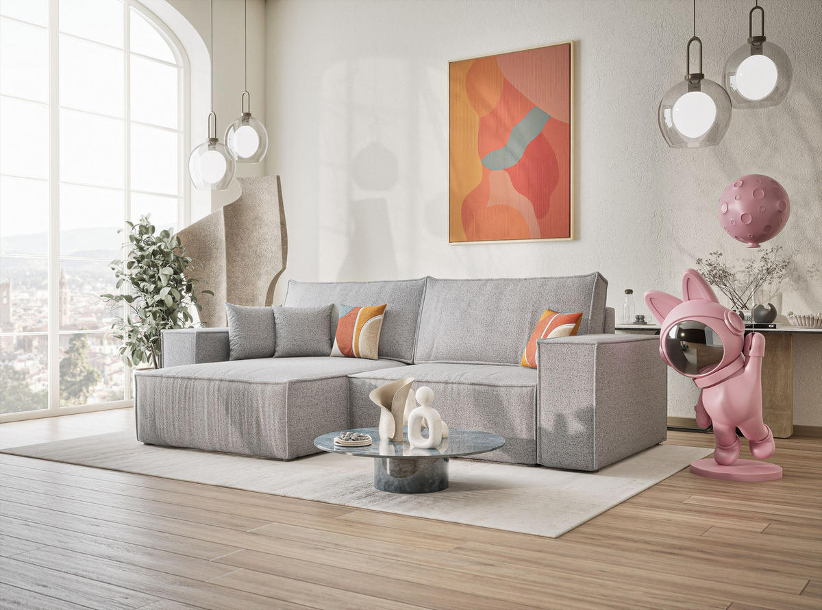 ECKSOFA MIT SCHLAFFUNKTION Zaya Hellgrau Webstoff - Hellgrau/Schwarz, Holz/Holzwerkstoff (255/148cm) - Maison de Reve