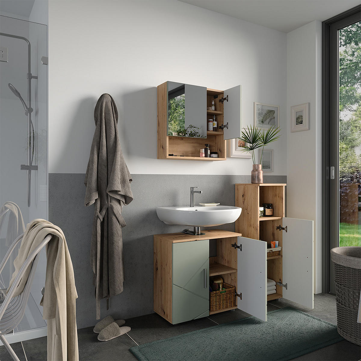 BADMÖBEL-SET Irma Salbeigrün 3 Teile - Salbeigrün, Holzwerkstoff (60/59/30cm) - Vicco
