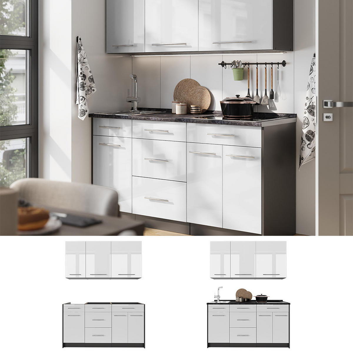 SINGLEKÜCHE Fame-Line, Weiß Hochglanz/Anthrazit, 150 cm, AP Anthrazit - Weiß Hochglanz/Anthrazit, Holzwerkstoff (150/82/60cm) - Vicco
