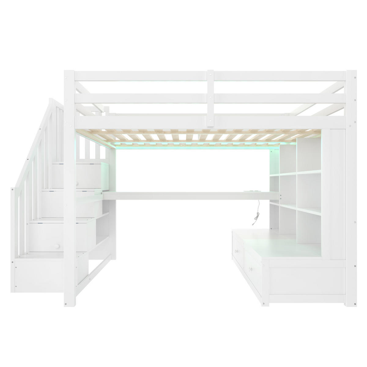 HOCHBETT 140/200 cm weiß aus MDF und Kiefer mit Schreibtisch, Regalen, 2 Schubladen und LED - Weiß, Holzwerkstoff (140/200cm) - OKWISH