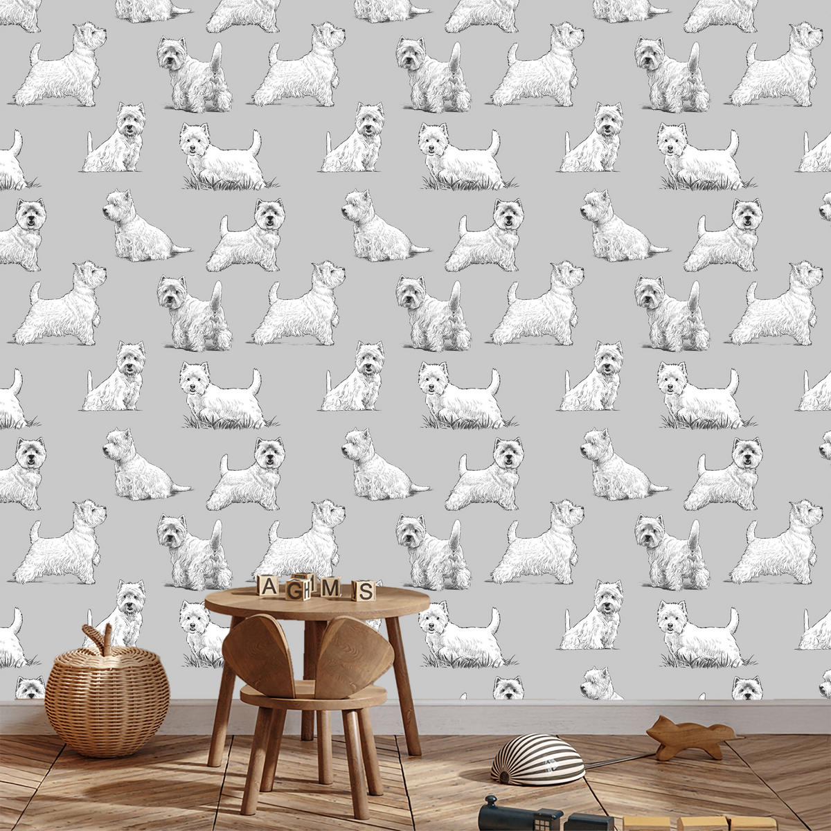 VLIESTAPETE Westie-Hunde – Grau, Weiß – 50x1000 cm - Weiß/Grau, Papier (50/1000cm) - Muralo