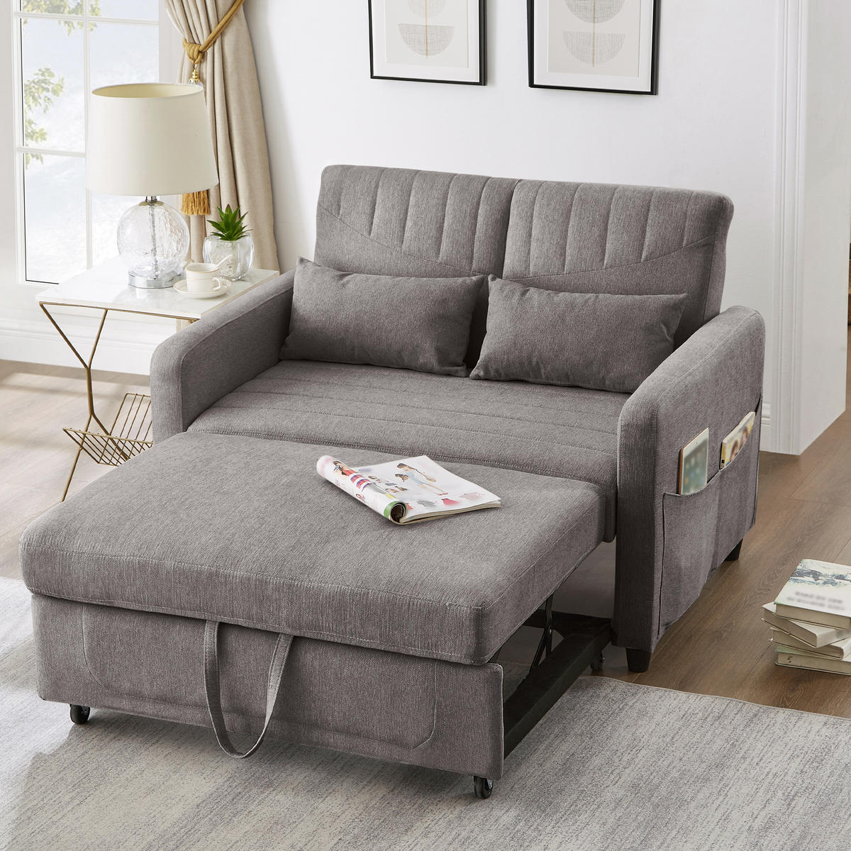 SOFA Zweisitzer mit Schlaffunktion ausziehbar Grau Baumwoll-Leinen 210/90/45 cm - Grau, Kunststoff (114/82.5/77cm) - OKWISH