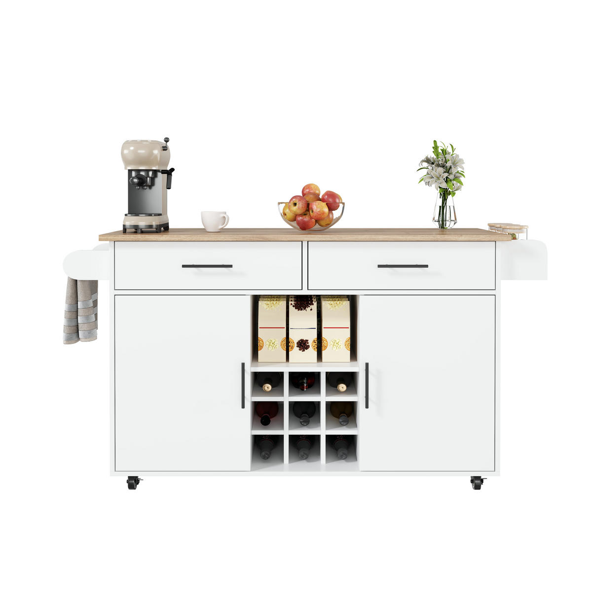 KÜCHENINSEL DE-41512 120/45/84 cm, klappbare Arbeitsplatte, Weinregal Weiß - Weiß, Holzwerkstoff (120/84/45cm) - ComfortXL