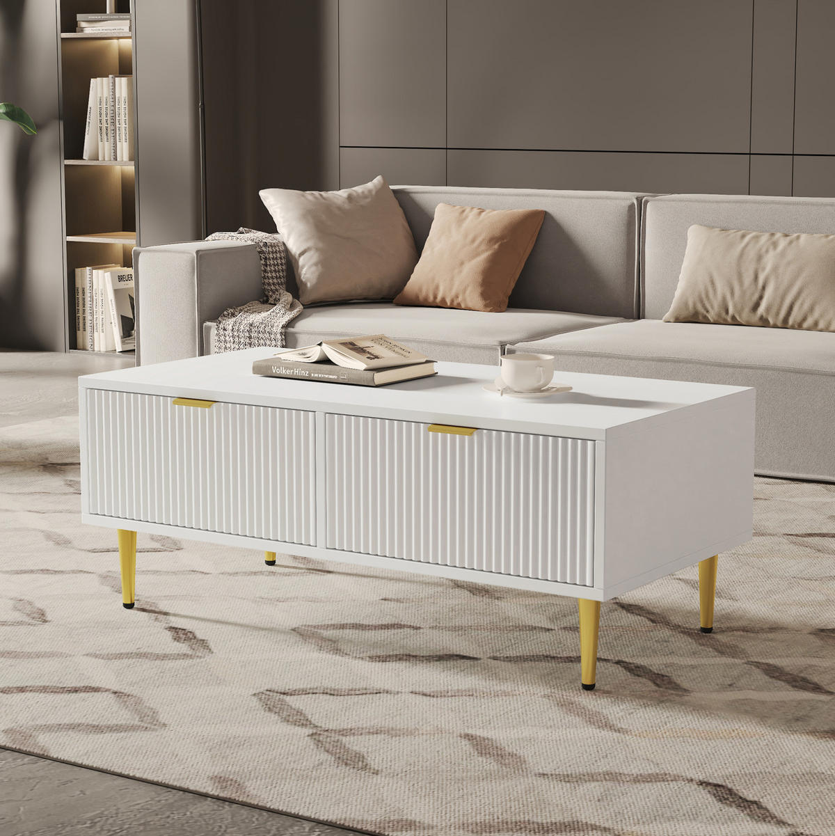 COUCHTISCH 100/50/40 cm Weiß/Gold aus MDF mit 2 Schubladen - Weiß, Holzwerkstoff (100/50/40cm) - OKWISH