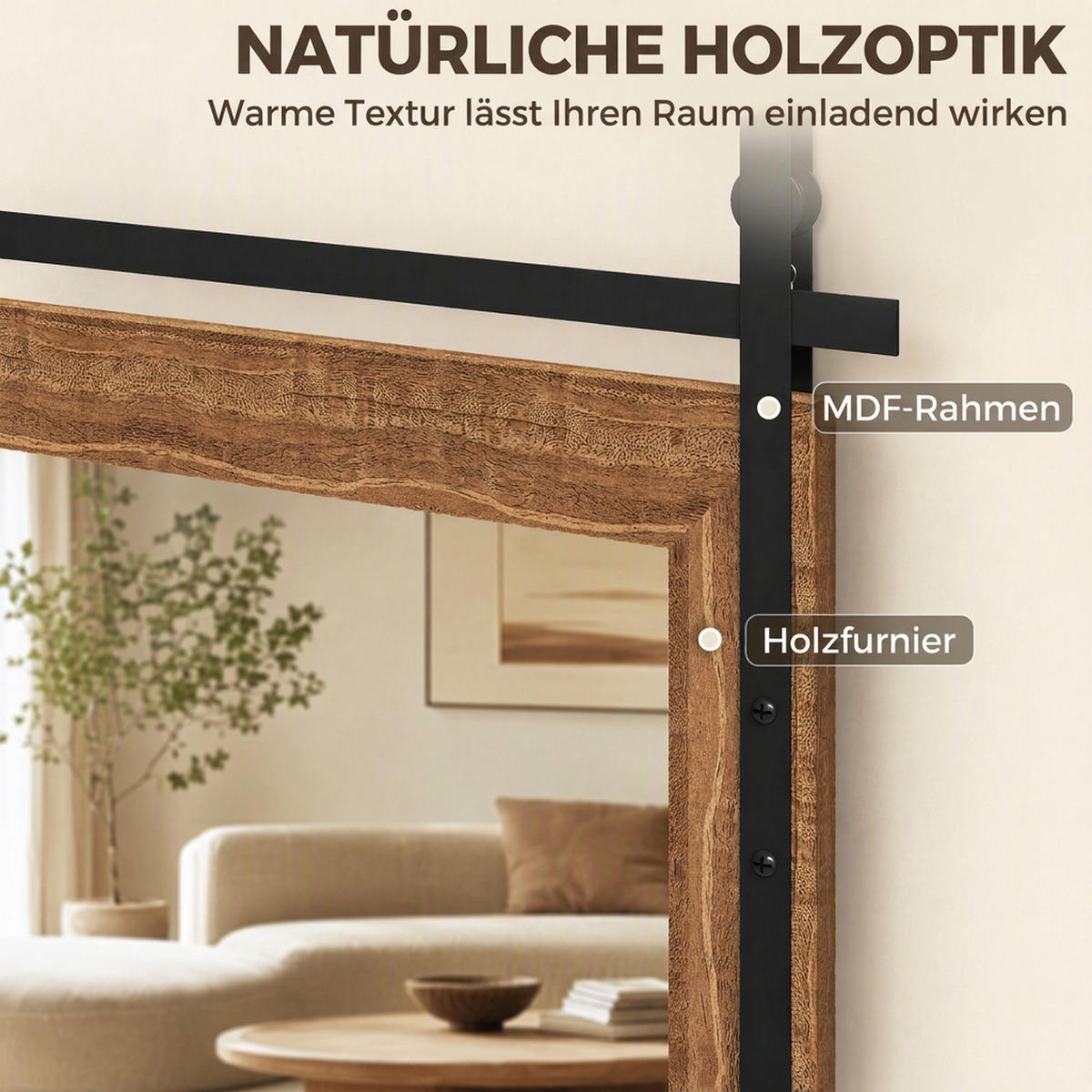 WANDSPIEGEL Gehärtetes Glas MDF Hellbraun - Hellbraun, Holzwerkstoff (2/86.5/61cm) - HOMCOM