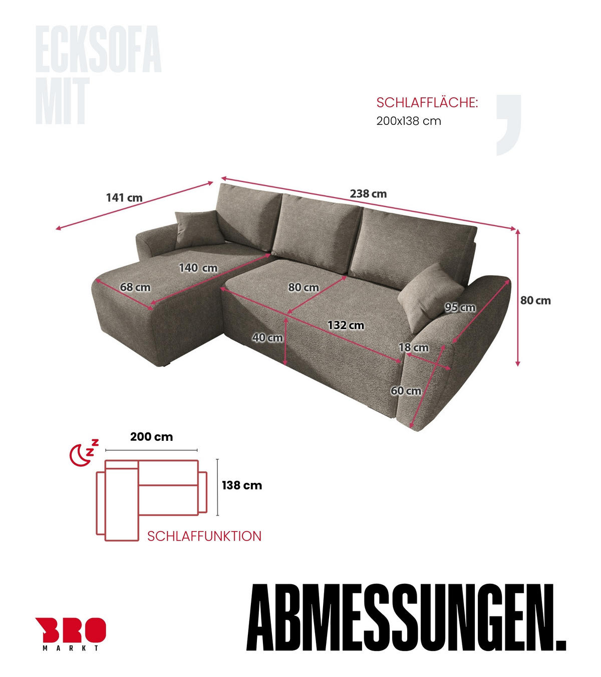 ECKSOFA Rotterdam mit Schlaffunktion Braun Bouclé - Graubraun, Textil (238/141cm) - Bromarkt
