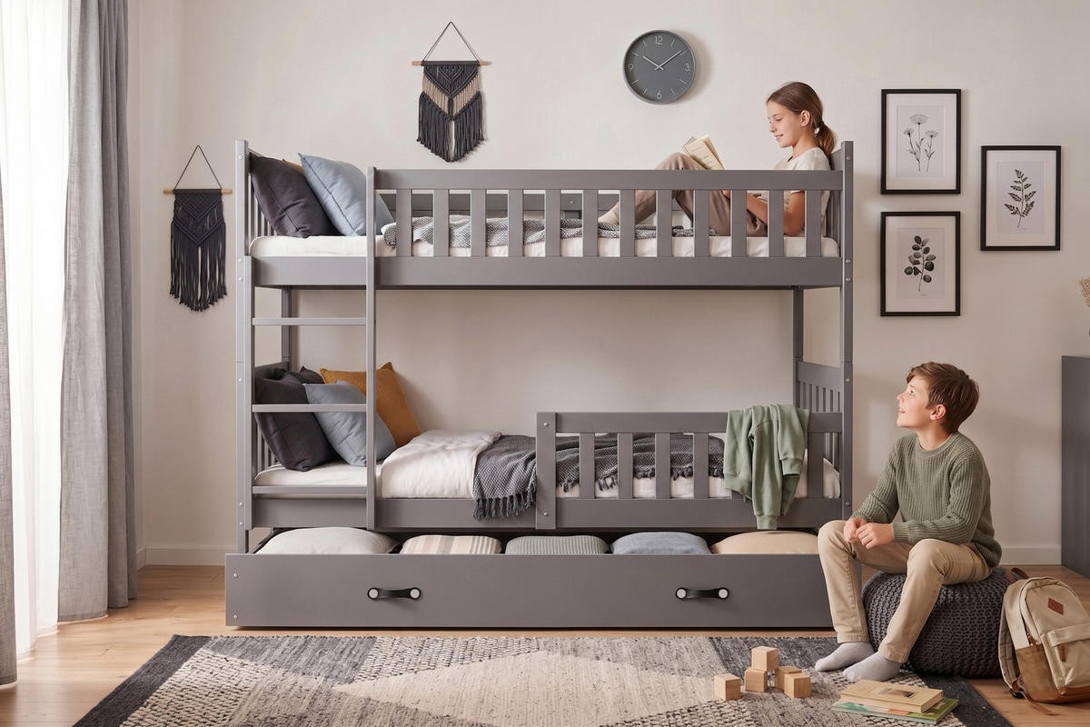 ETAGENBETT 90x200 in Grau mit Lattenrost – Kinderbett mit Schublade & Rausfallschutz JAKOB - Weiß/Grau, Holz (90/200cm) - Interbeds