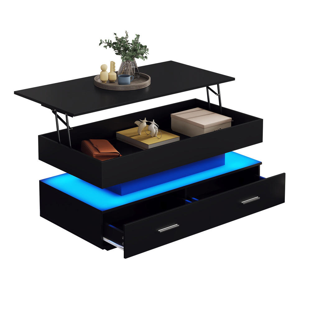COUCHTISCH 100x50cm Hydraulisch Höhenverstellbar Schwarz LED Bluetooth - Schwarz, Holz (110/60.5/11.5cm) - FLIEKS