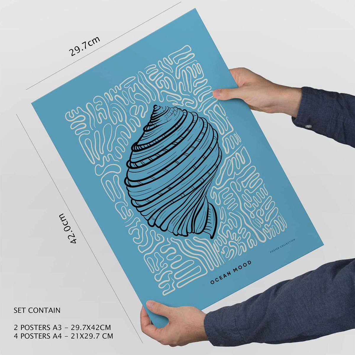 POSTER Set Mit 6 In Schwarzer Tinte Irises Kunstdrucke Von Meer Und Ozean Für Innenarchitektur A3 & A4 Weißer Rahmen - Weiß, Papier (29/3cm) - Nacnic