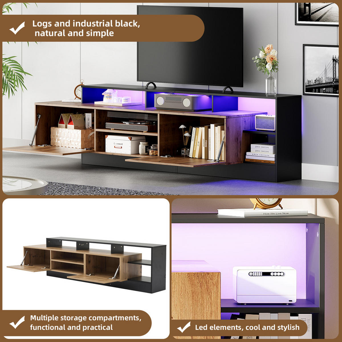 TV-SCHRANK Modern Naturholz & schwarzer Rahmen LED-Beleuchtung bis 70 Zoll - Schwarz, Holz (48/17.5/68cm) - FLIEKS
