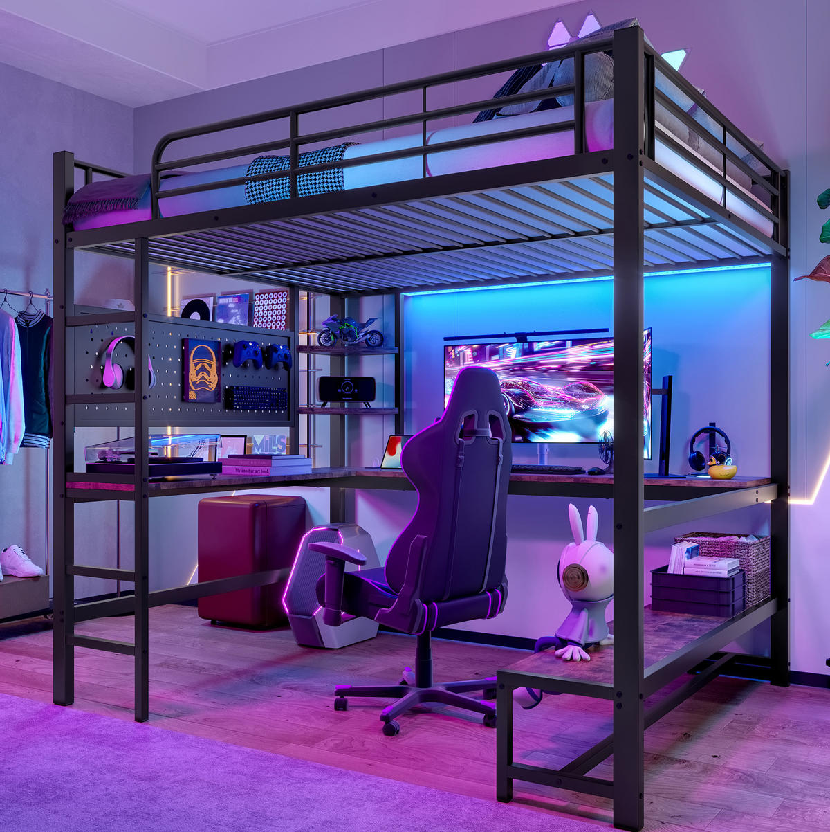 HOCHBETT 140/200 cm mit Schreibtisch, Regalen, Lochwand, LED und USB-/Type-C-Anschluss, Metall/MDF, Schwarz - Schwarz, Metall (90/200cm) - Redom