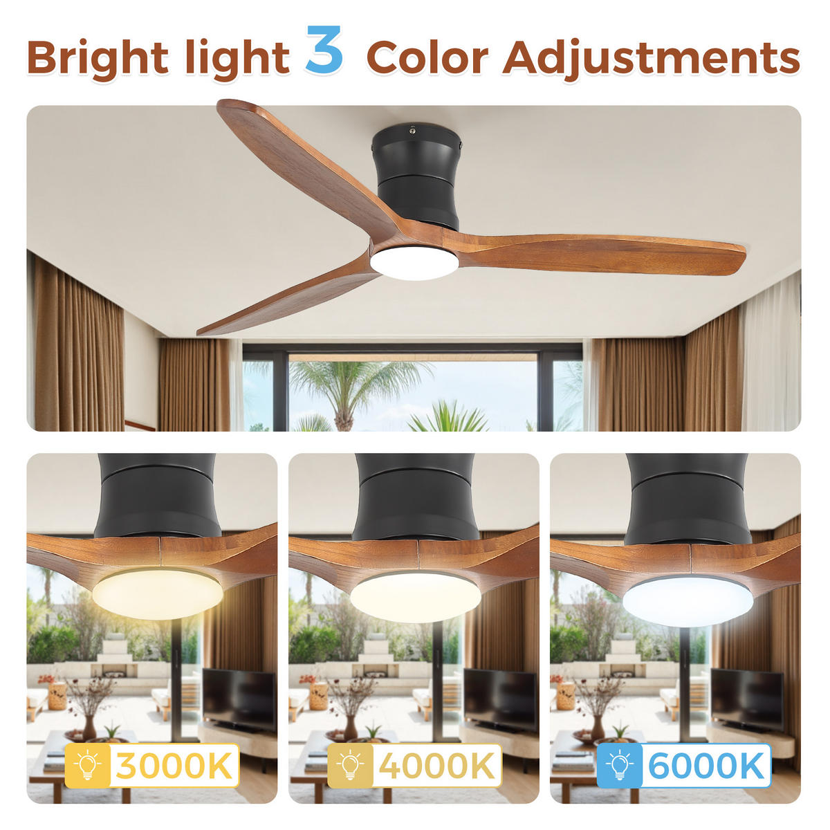 DECKENVENTILATOR 52Zoll LED Licht Holzflügel DC Motor Fernbedienung - Schwarz, Kunststoff (132.08/132.08/28.5cm) - CASIVA