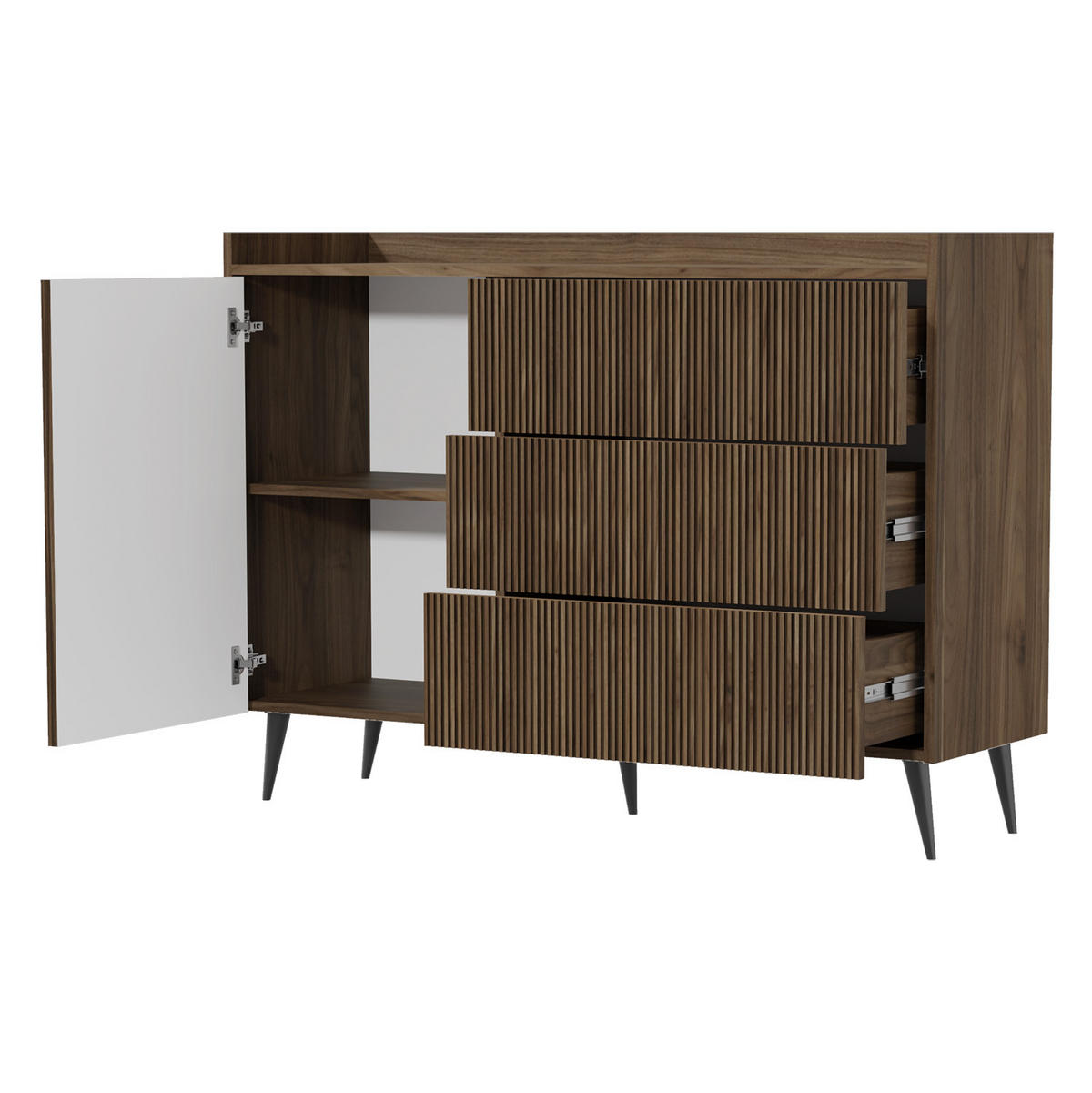 WOHNWAND Amfali 4-teilig –Lowboard, Kommode, Regal und Couchtisch, Push-to-open, Walnussfarben - Walnussfarben/Schwarz, Holzwerkstoff/Metall (150/180/41cm) - Beautysofa