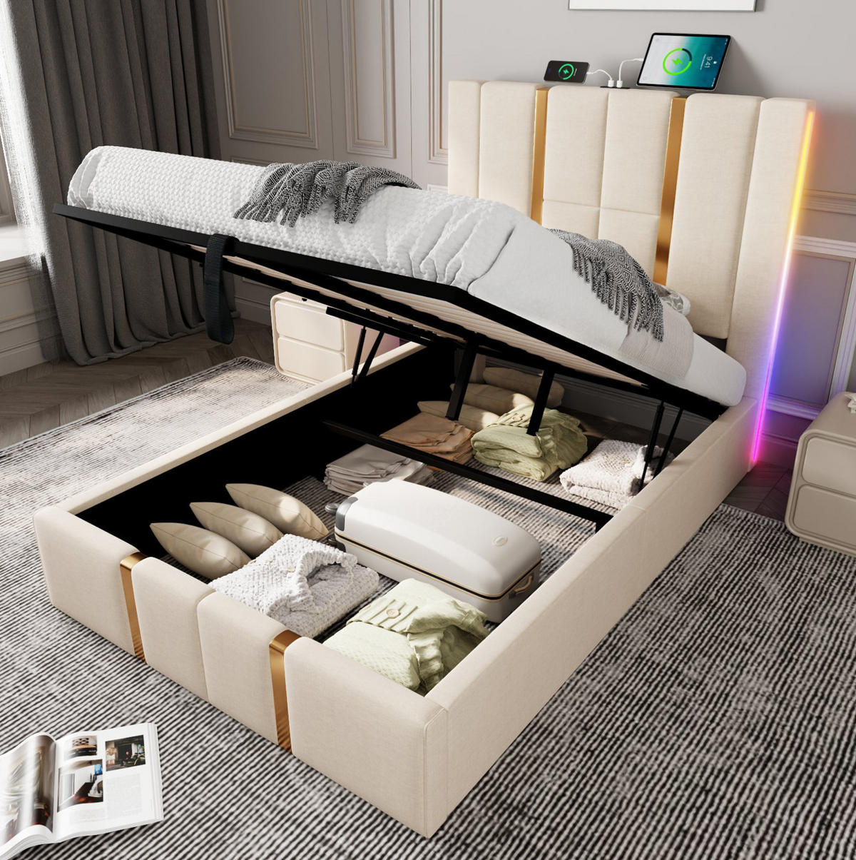 POLSTERBETT 90/200 cm Beige mit Stauraum, LED-Beleuchtung und USB-/Type-C-Anschlüssen - Beige, Textil (90/200cm) - Flora Grace