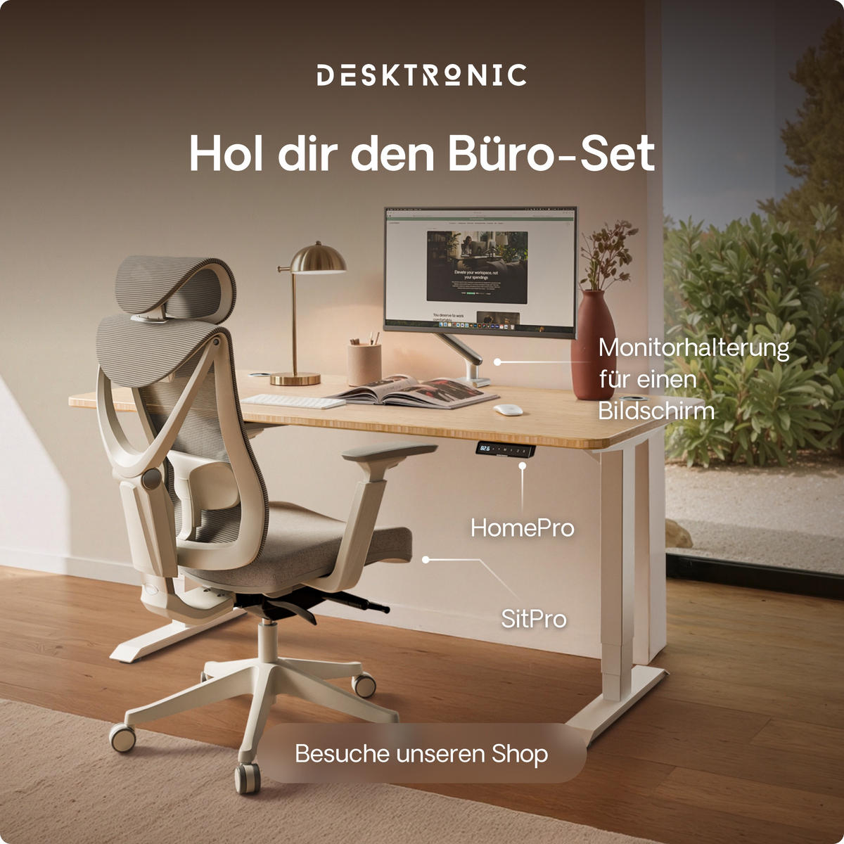 SCHREIBTISCH Elektrisch Höhenverstellbarer HomePro 160x80cm Weiß/Bambus mit Memory-Funktion, Anti-Kollisions Technologie - Hellgelb/Weiß, Holz (80/160/63.5cm) - Desktronic