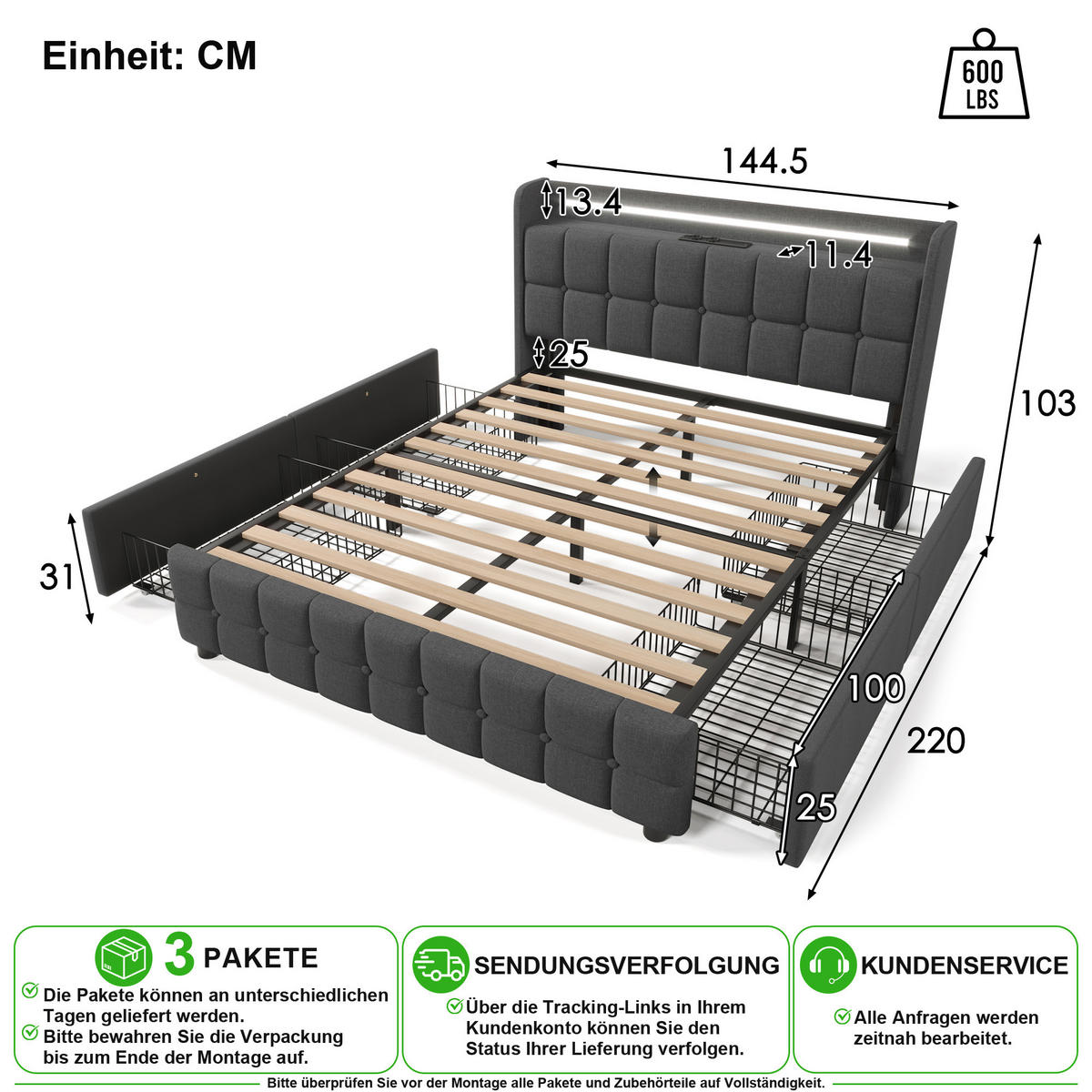 POLSTERBETT 140/200 cm in Grau Stoff mit 4 Schubladen, LED, USB und Matratze - Grau, Holzwerkstoff/Textil (140/200cm) - CHICFURN