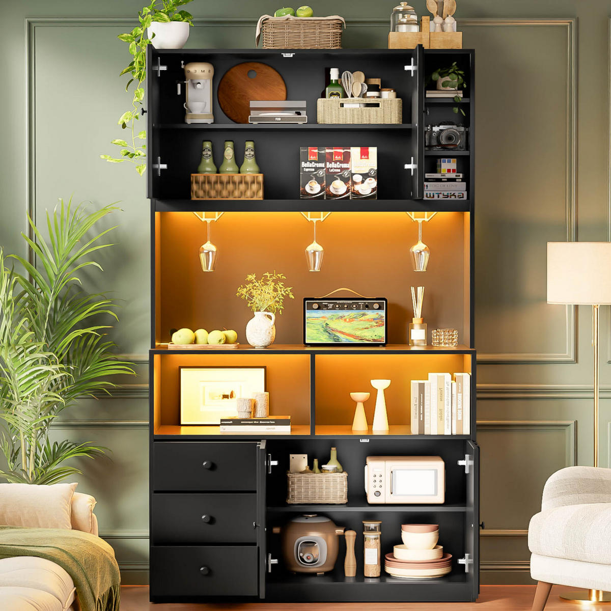 BUFFET 180 cm MDF Schwarz mit RGB-LED, Weinglashalter und Vitrine - Schwarz, Holzwerkstoff (40/180/100cm) - Korfee