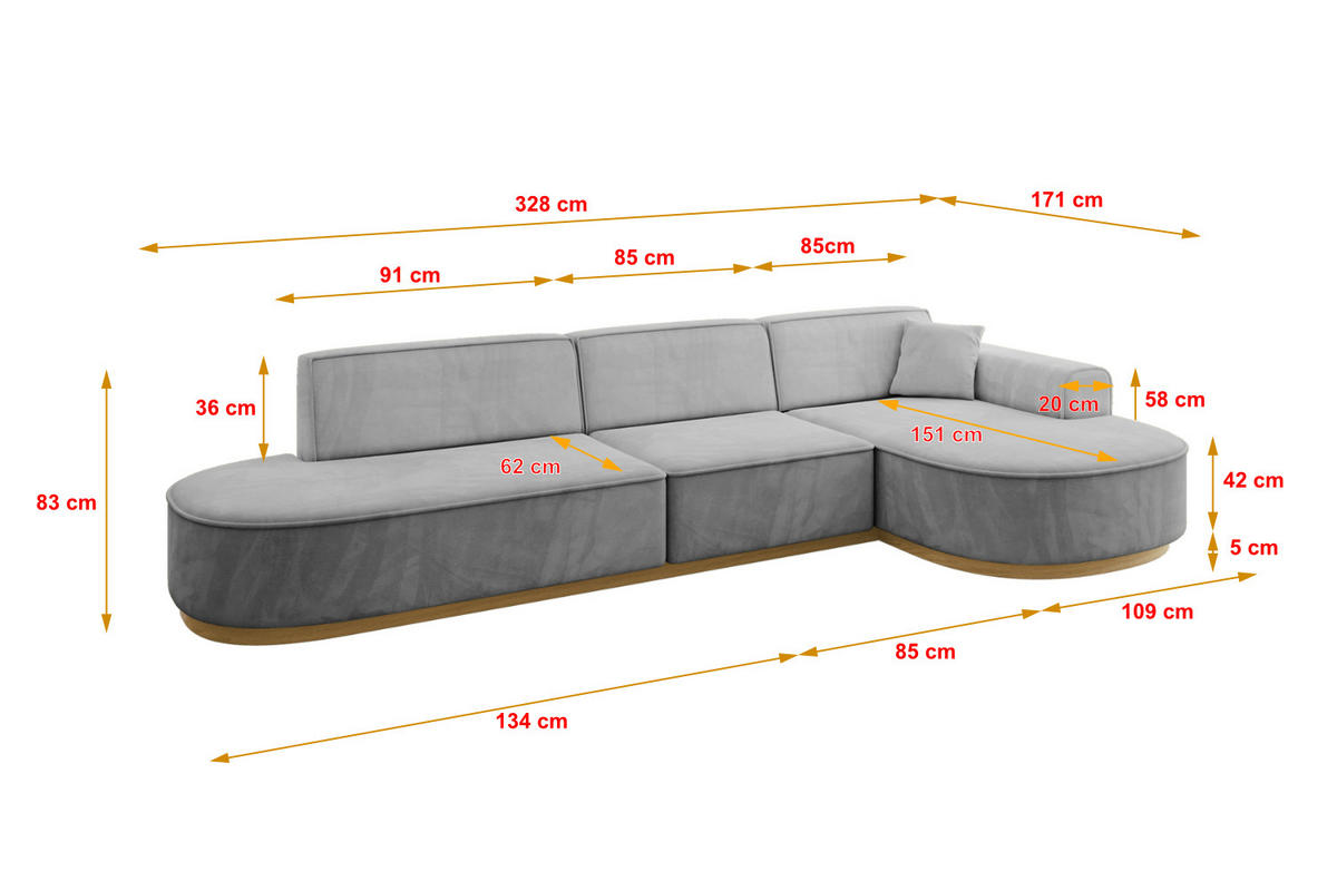 ECKSOFA Ottomane Rechts MARI-L2-v2 - 328x171x83 cm Grau Velours - Grau, Holzwerkstoff/Textil (171/328cm) - ALTDECOR