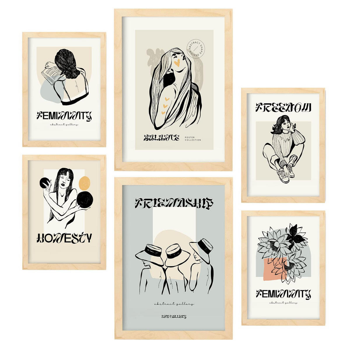 POSTER Set Mit 6 Schwarze Tinte Freundschaft Größe A3 & A4 Rahmen aus hellem Holz - Beige, Papier (29.7/1cm) - Nacnic