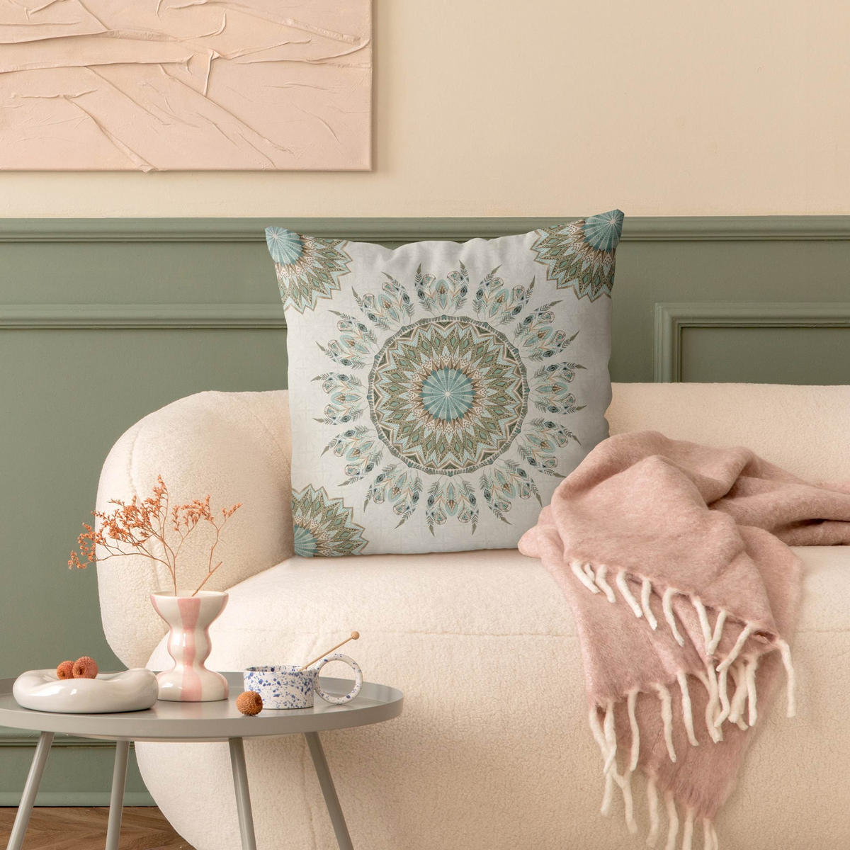 DEKOKISSEN Mandala Aquarell Federn Muster blau grün 40/40 cm - Blau, Textil (40/40/10cm) - Bilderwelten