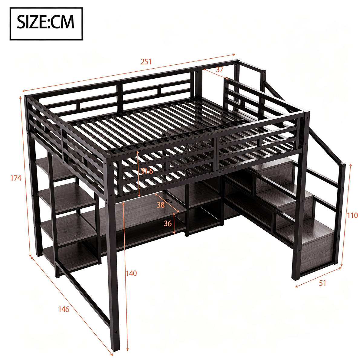 HOCHBETT 140/200 cm in Schwarz mit TV-Ständer, Steckdose und Leiter aus Metall - Schwarz, Holzwerkstoff/Metall (140/200cm) - CHICFURN