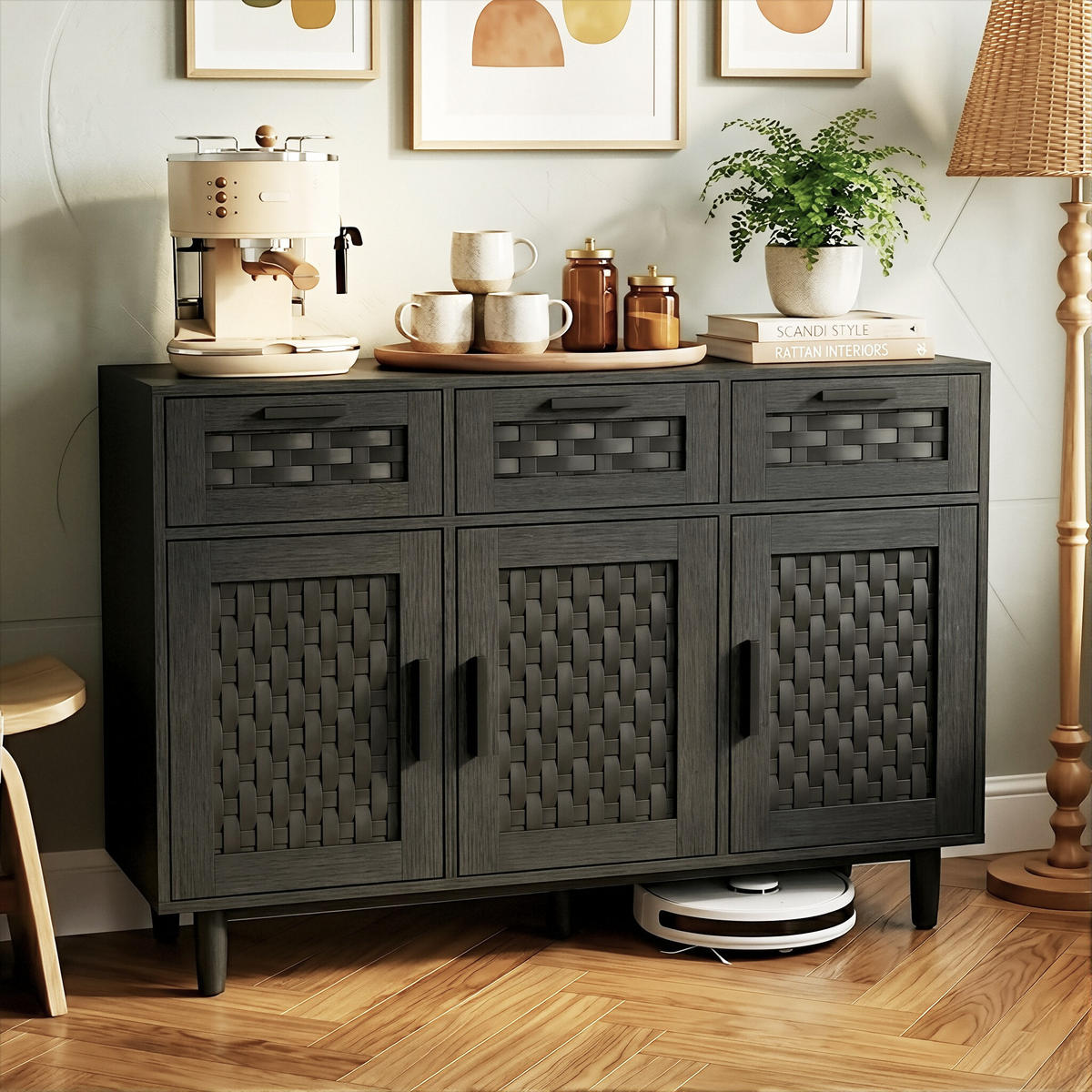 SIDEBOARD Japandi mit 3 Türen & 3 Schubladen 108/40/80 cm Schwarz - Schwarz, Holzwerkstoff (107.9/80/40cm) - Creahappy