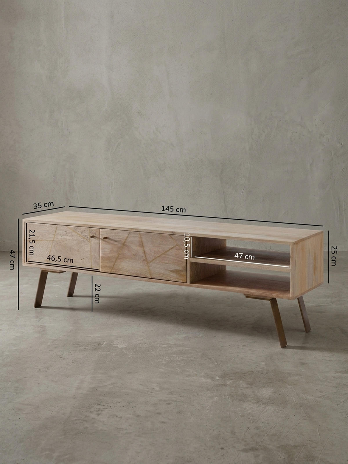 LOWBOARD Mango Massivholz Metall Landhausstil Modell Garda für Fernseher bis 55 Zoll - Goldfarben/Braun, Holz/Metall (145/47/35cm) - KADIMA DESIGN