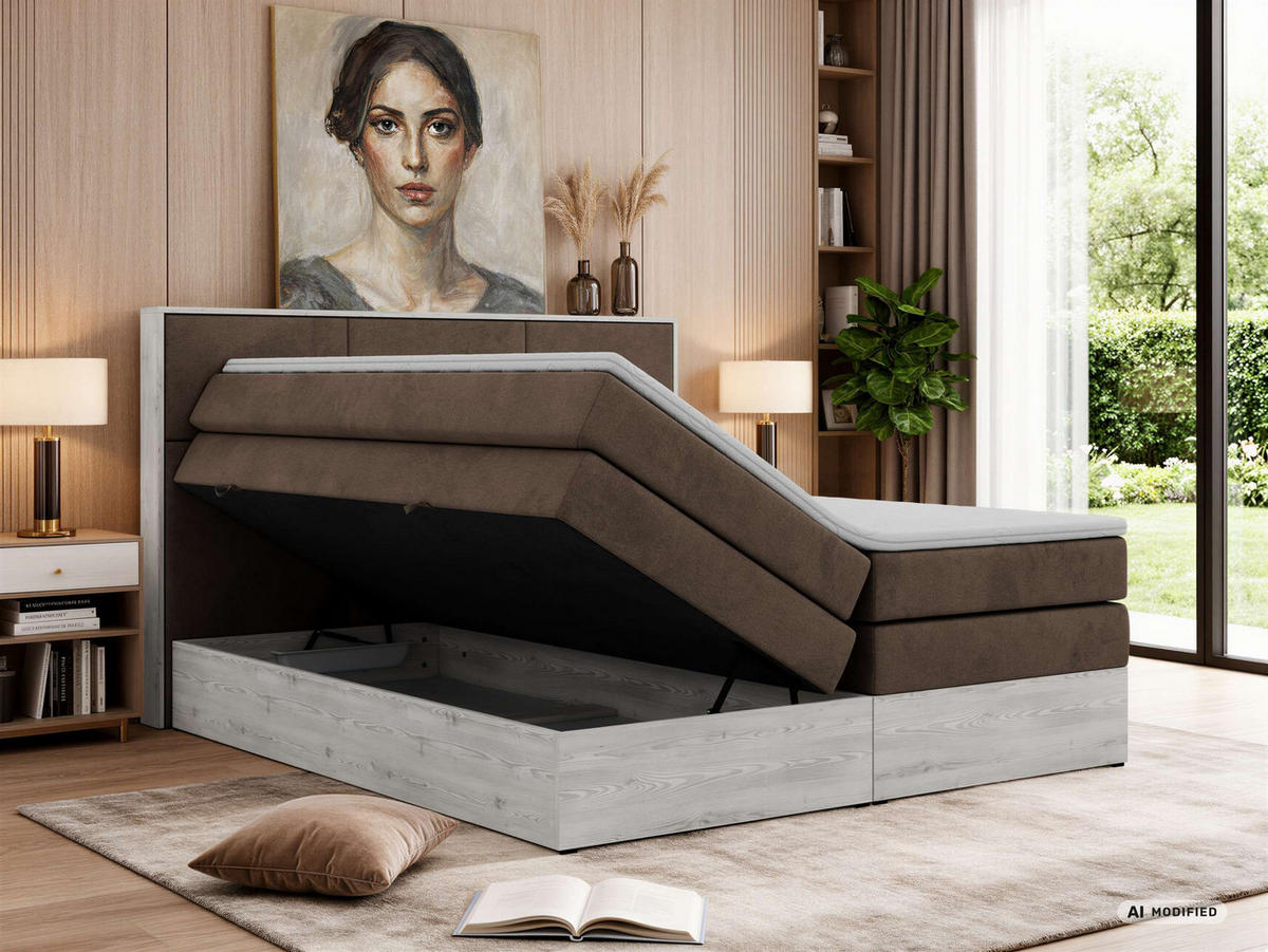 POSTEL BOXSPRING DELNOR KING 200/200 - Hnědá Samet - Topper Visco - H4 - černá/hnědá, textil/plast (200/200cm) - MKS