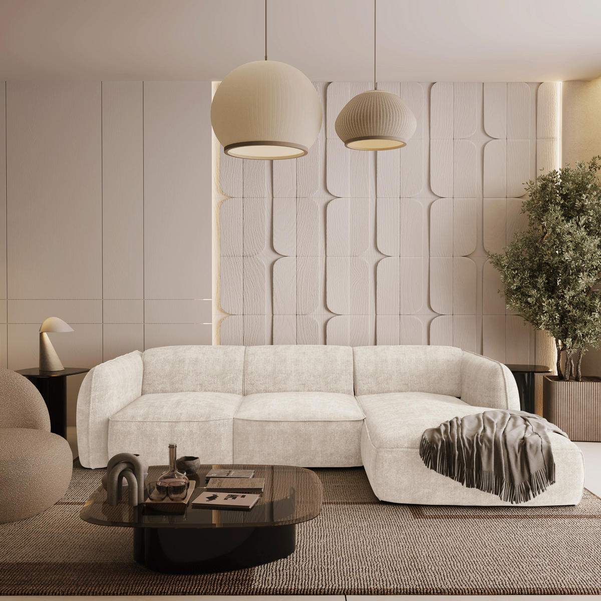 ECKSOFA RECHTS Rastervelours Creme 272cm - Creme, Textil (272/165cm) - Sia Home