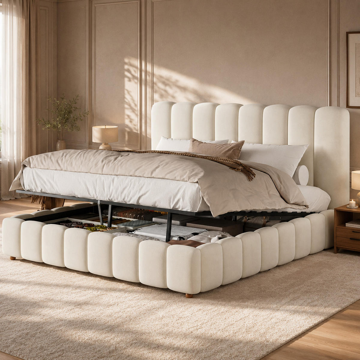 POLSTERBETT aus Samt 180x200 cm Beige mit hydraulischem Bettkasten und Lattenrost - Beige, Textil (180/200cm) - Modfu