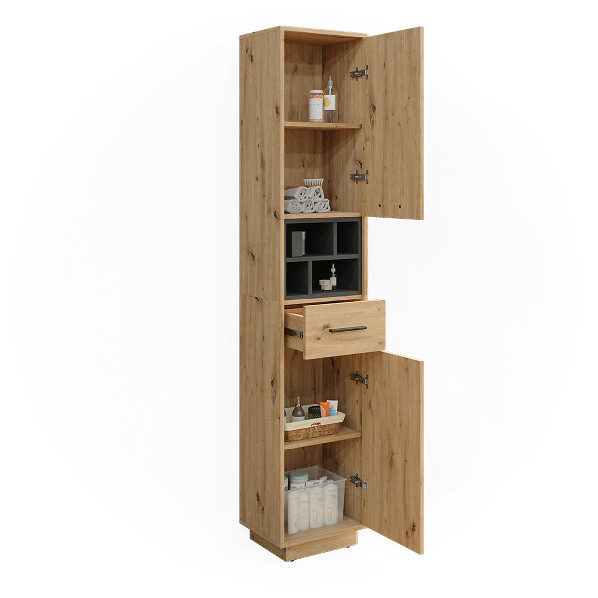 BADSCHRANK Beatrice Artisan Eiche/Anthrazit 38 x 190 cm mit Türen, Schublade - Eiche Artisan, Holzwerkstoff (38/190/30cm) - Vicco
