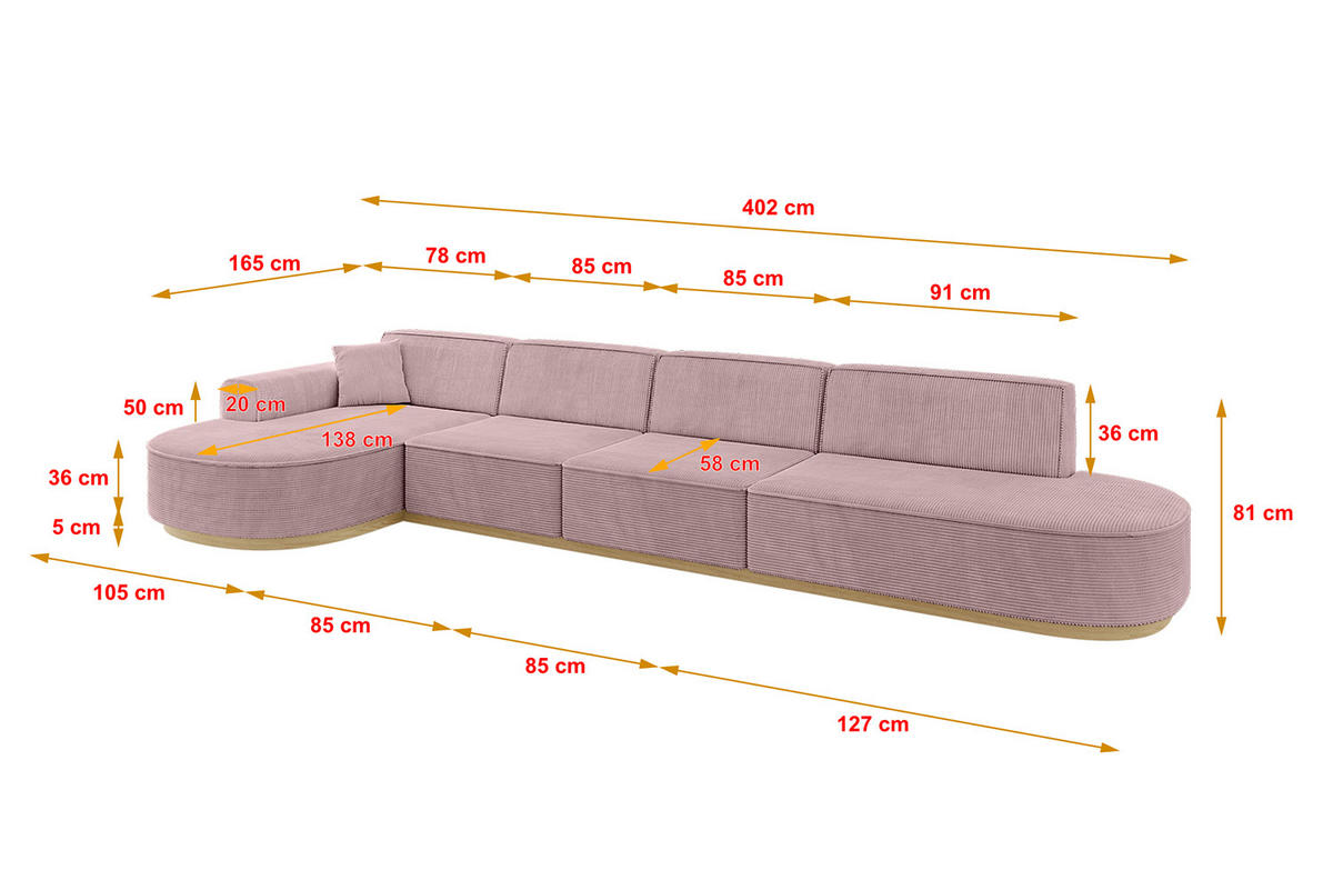ECKSOFA Ottomane Links MARI-L3-v2 - 413x171x83 cm Rosa Cord - Rosa, Holzwerkstoff/Textil (413/171cm) - ALTDECOR