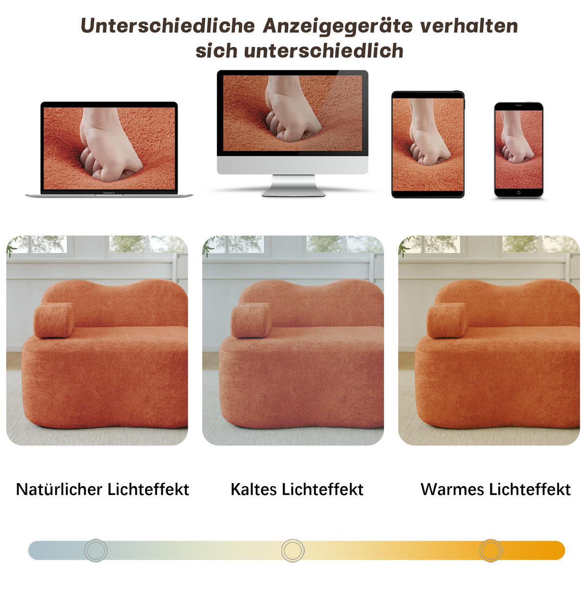 SOFA in Orange aus Samt mit Wellenform und tiefem Sitzkomfort - Orange, Textil (98/70/384cm) - Flora Grace