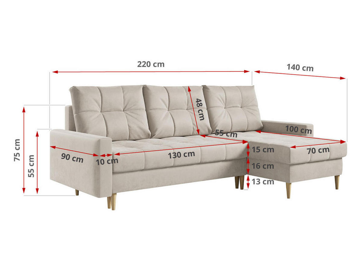 ECKSOFA Astra Beige Velvet - Beige/Braun, Holz/Textil (220/140cm) - MKS